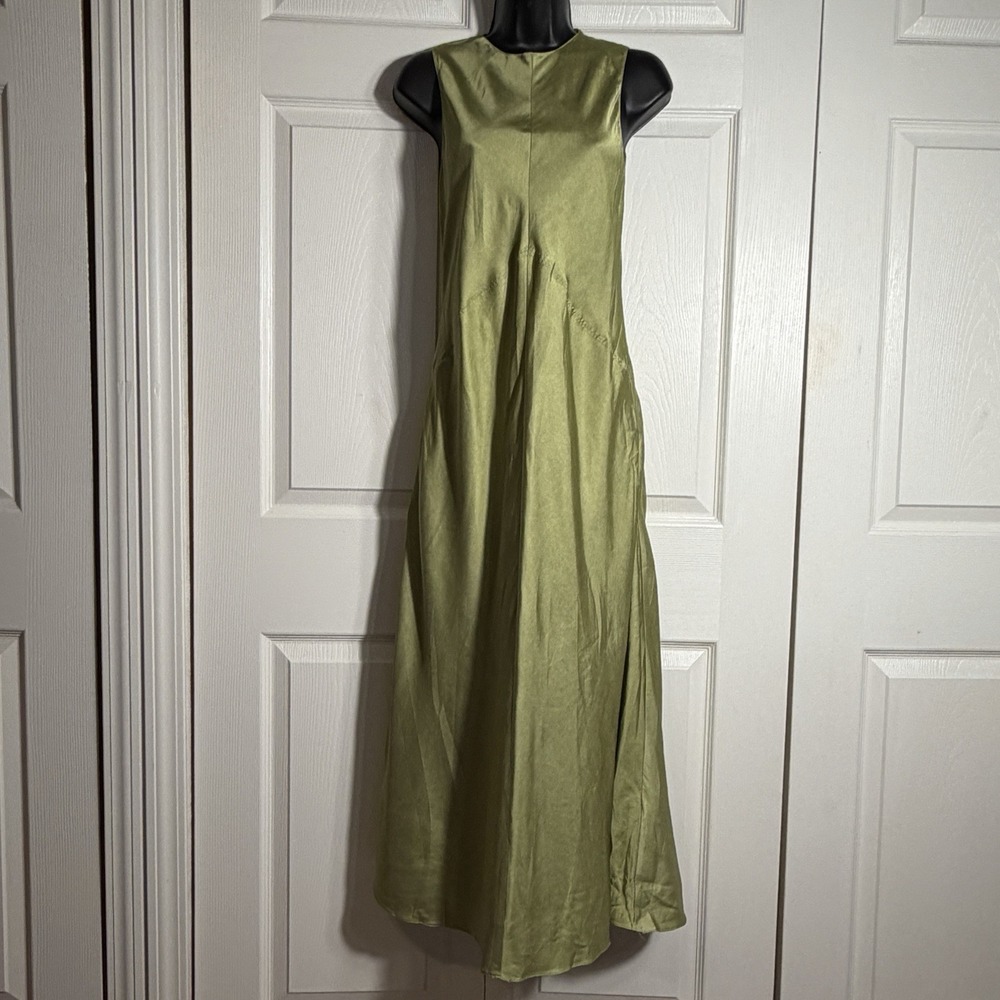 ZARA Chartreuse Satin Maxi Dress Women XS Lime Green Sleeveless Bias Cut Pockets